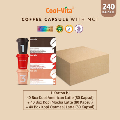 Wholesale - 1 Dus Coolvita MCT Coffee Capsule (Isi 120 Box - Mix 3 Rasa: American Latte, Mocha Latte, Oatmeal Latte)