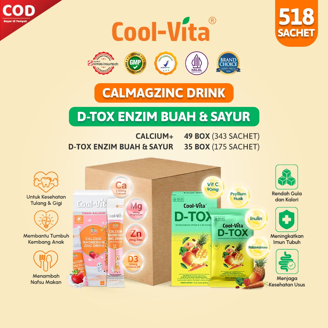 Bundling Wholesale Calcium Magnesium Zinc Drink 49 Box + Coolvita Wholesale D-Tox Powder Enzim Buah dan Sayur 35 Box