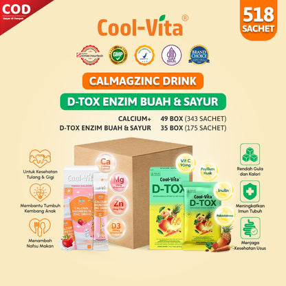 Bundling Wholesale Calcium Magnesium Zinc Drink 49 Box + Coolvita Wholesale D-Tox Powder Enzim Buah dan Sayur 35 Box