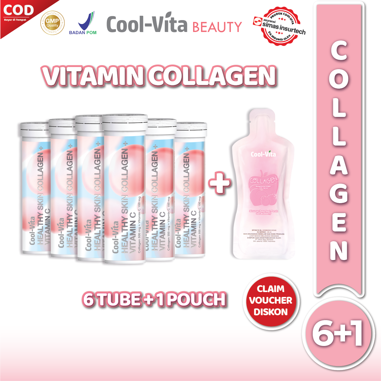 6 tube Collagen  Effervescent + 1 pouch Minuman Collagen Rasa Buah Peach (Langsung Minum)