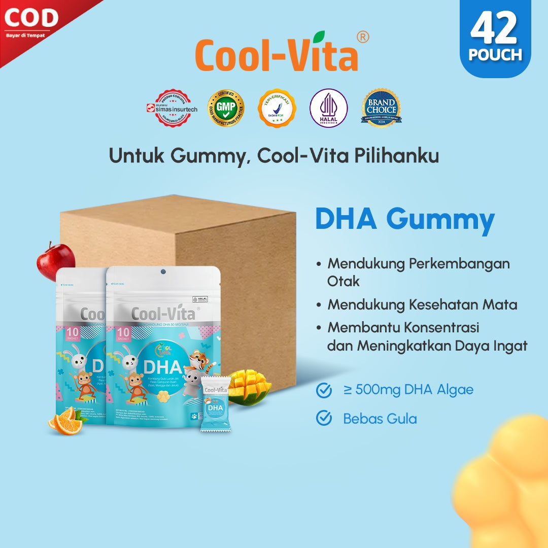 Wholesale Cool-Vita DHA Gummy Rasa Apel, Mangga, dan Jeruk (1 Dus isi 42 Pouch)